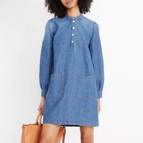 Madewell Denim Patch Pocket Popover Shirtdress Mid Wash Linen Blend Retro Sz M - Picture 1 of 16